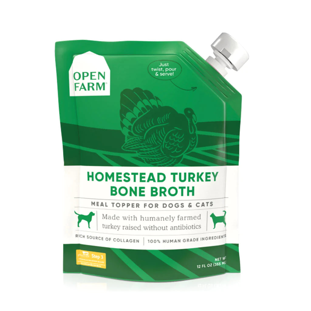 Open Farm Dog/Cat Bone Broth Topper Homestead Turkey 12 or 32oz