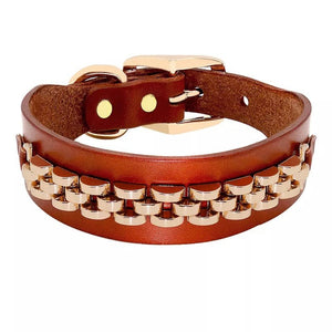 Brown Leather Collar with Rhinestones or Chain Embellishment