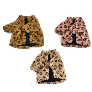 PINK FAUX FUR CHEWY VUITTON DOG COAT