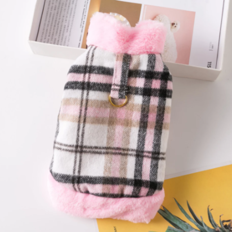 Wool Coat in Brown or Pink Plaid with Leash Hook